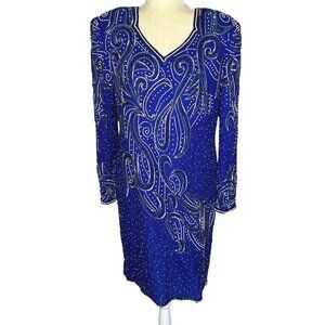 Vintage 80s Stenay Beaded Dress Royal Blue 100% Silk Size 14 NYE Party